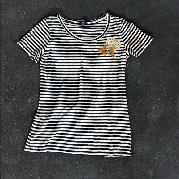 Gap Striped Black and White Tee with Floral Accent - Picture 1 of 5
